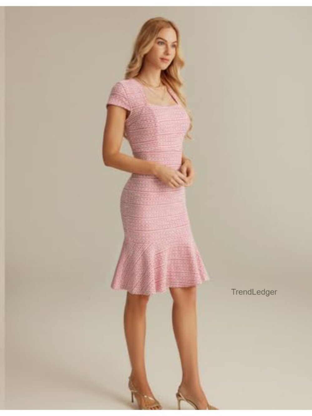 Women's Tweed Fishtail Bodycon Cocktail Dress Cap Sleeve Knee-Length